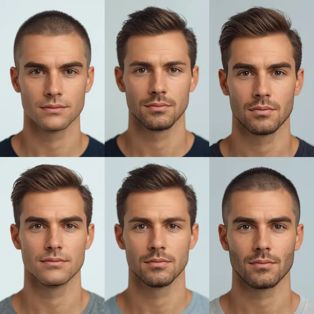 Grid of six portrait studies of men with long oblong faces and relatively straight sides.