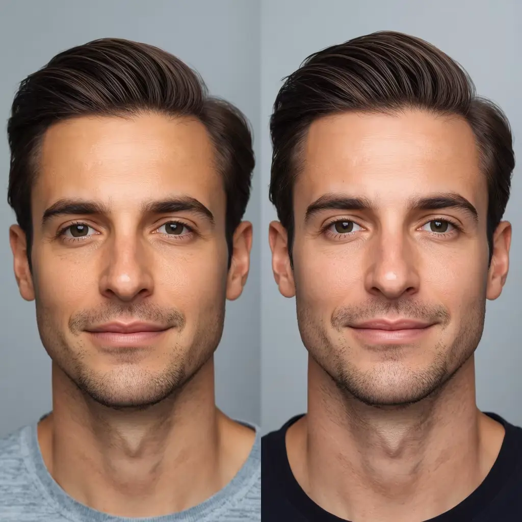 Side-by-side portrait reference of two men with round faces, full cheeks, and softly curved jawlines.