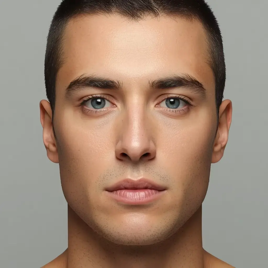 Close-up portrait reference of a man with a square face, broad forehead, and defined jaw corners.