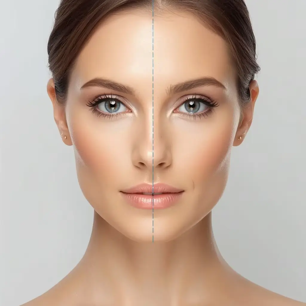 Split-face symmetry study of a woman with a diamond-shaped face, prominent cheekbones, and a narrow forehead.