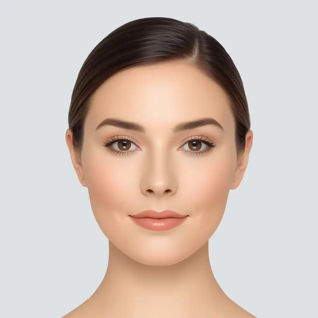 Portrait reference of a woman with an oval face, balanced cheekbones, and a gently rounded forehead.